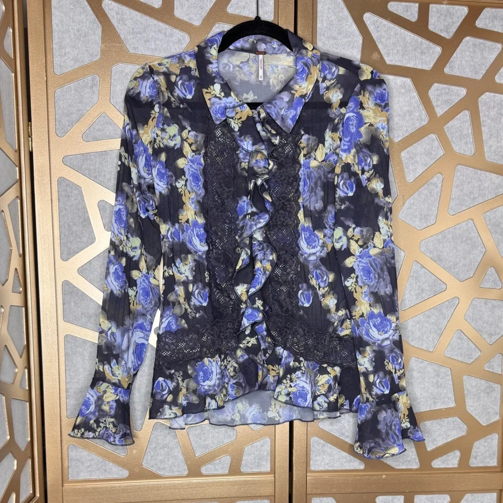 Free People Floral Ruffle Lace Blouse – Women’s XS